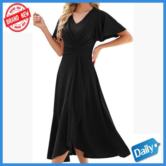 Dresses & Skirts - A-Line Midi Formal Dress with Pockets, Ruffle Sleeves, Detachable Corsage